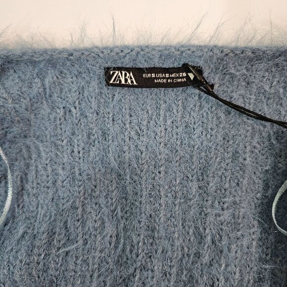 Zara Sz S Soft Fuzzy Cropped Cardigan Open Front Ice Blue Long Sleeve Soft Cozy - Picture 6 of 6